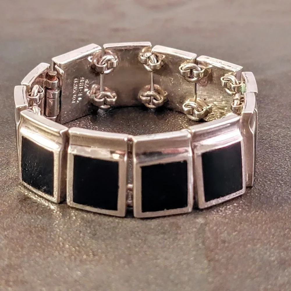 Vintage Taxco Heavy Squares Onyx Sterling Silver Statement Link Bracelet